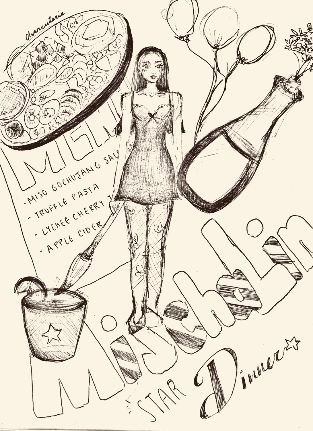 Mischa's ink sketch planning the Mischalin Star Dinner: herself in a mini dress holding a paintbrush, the menu, a charcuterie board, balloons, a champagne bottle and a cocktail